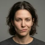 “A woman looks at the camera with a one-sided half smile while her eyes stay neutral.”